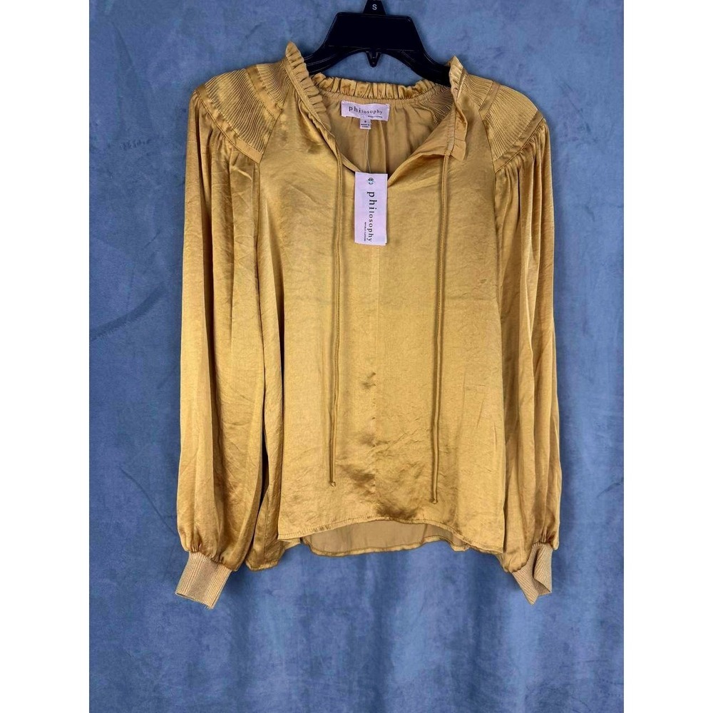 New Philosophy Women M Top Blouse Gold Long Sleeve Satin Tie Front Peasant Boho